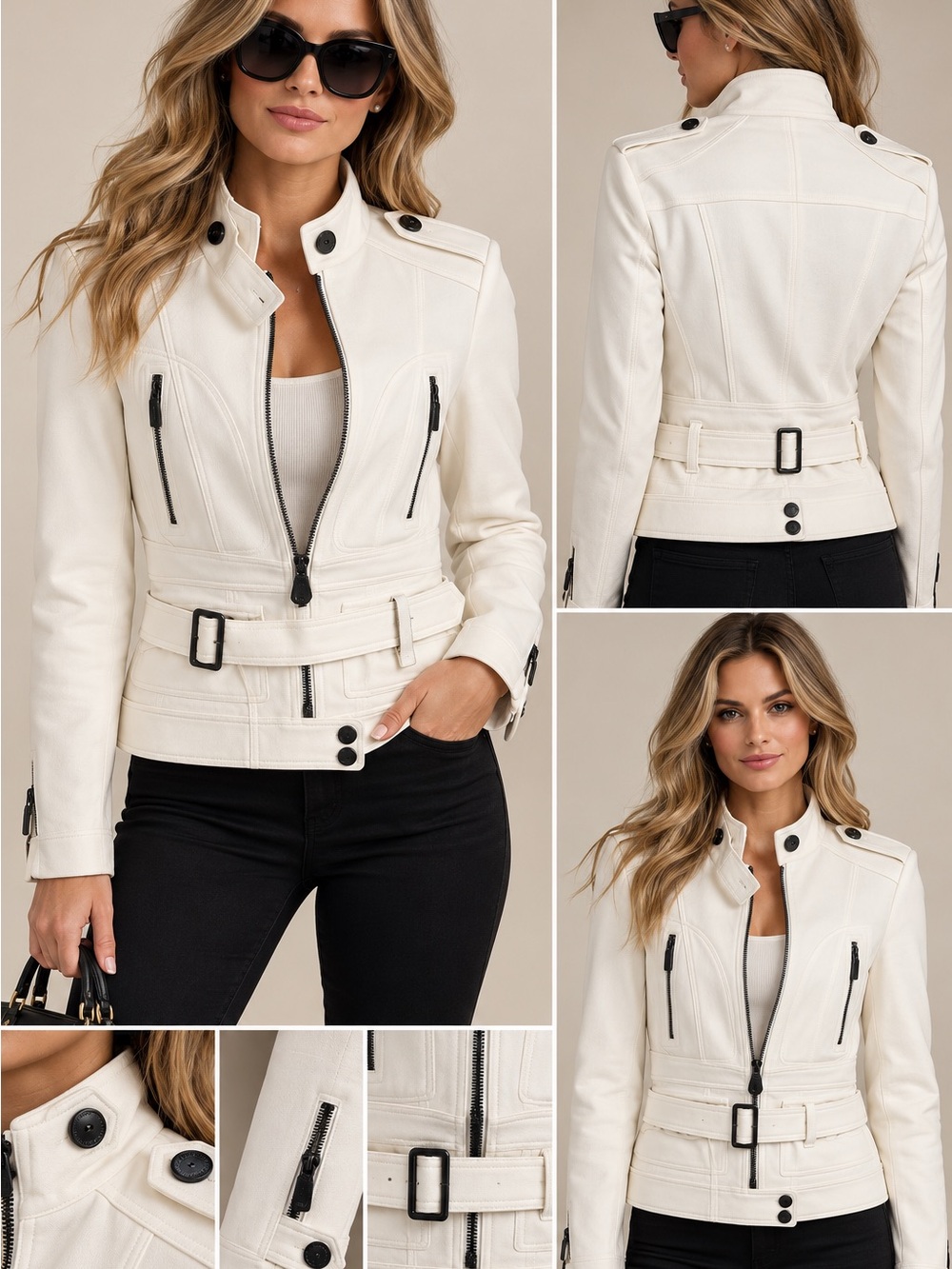 Burberry London Ivory Belted Moto Jacket – Size UK 8 / US6